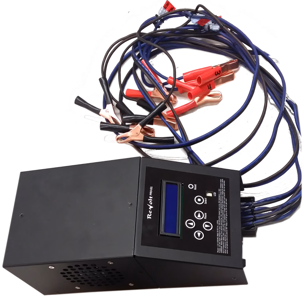A four-channel ReVolt restoration unit with four sets of numbered battery leads
